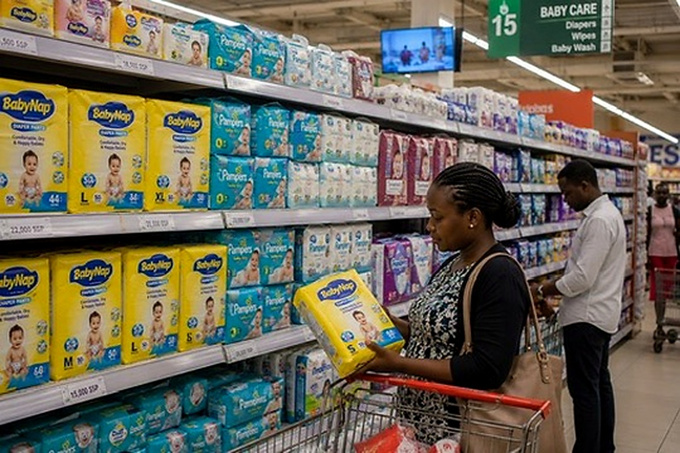 Shopper selecting BabyNap diaper pants on a supermarket shelf